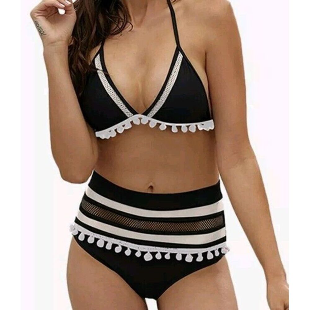 cocoship‎ two-piece swimsuit with side tie V-neck lace-up women's size 4-S Black
